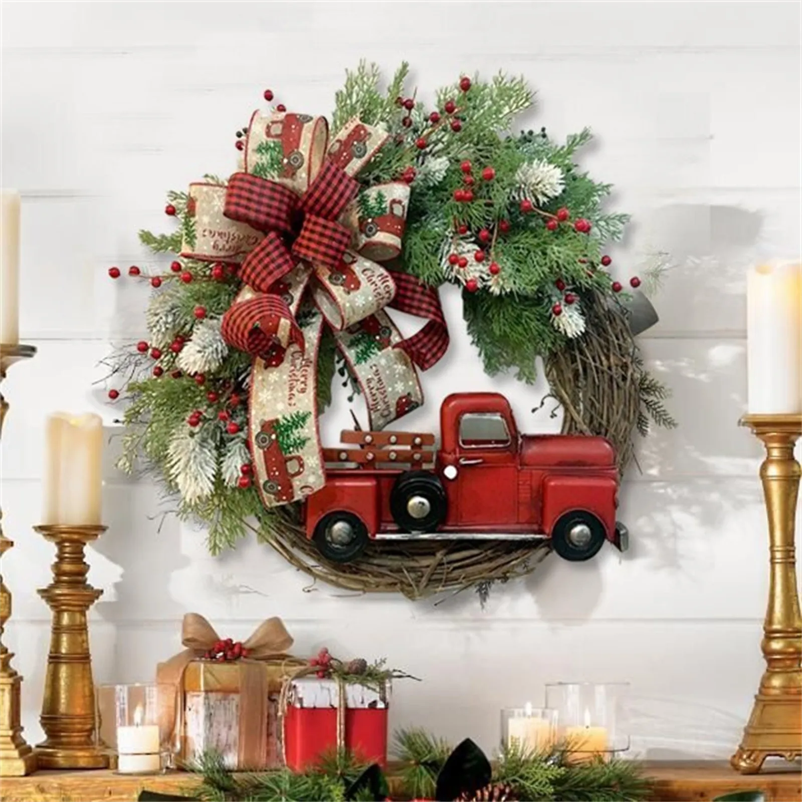 

2022 Рождественский венок, украшения для автомобиля, яркие украшения для дверей, праздничная вечеринка, ярко-красный грузовик, Рождество