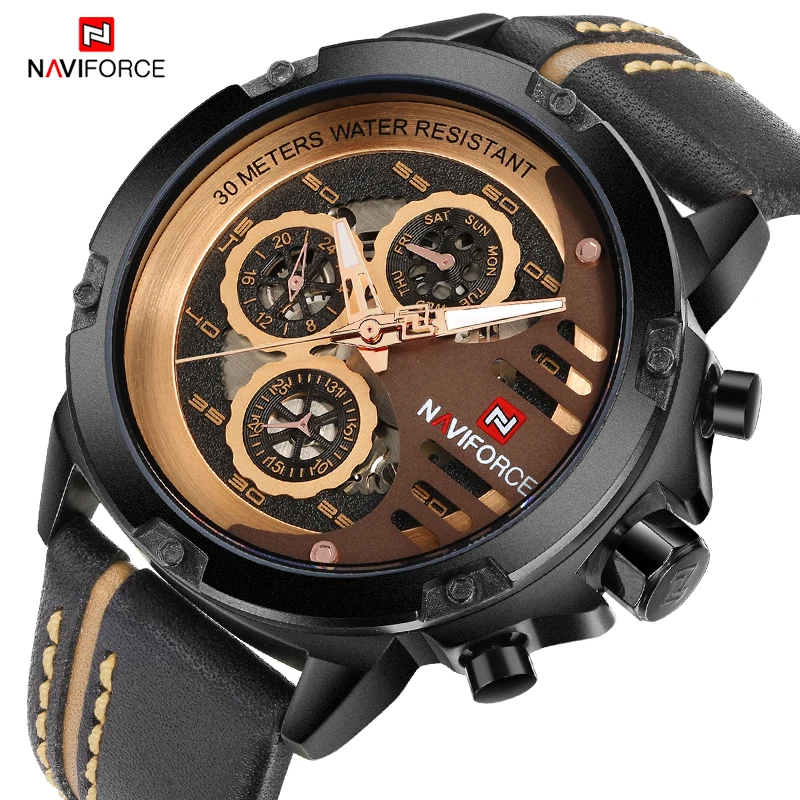 

NAVIFORCE Fashion Top Brand Watches For Men With 24 Hours Week Display Waterproof Leather Strap Calendar Quartz Clock Wristwatch