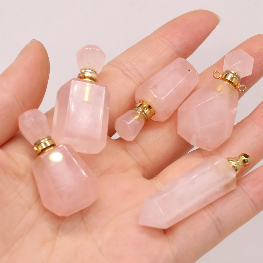 Natural Semi-precious Stones Rose Quartz Perfume Bottle Faceted Pendant Essential Oil Diffuser Charm Making Necklace Accessories 
Natural Semi-precious Stones Rose Quartz Perfume Bottle Faceted Pendant Essential Oil Diffuser Charm Making Necklace Accessories
