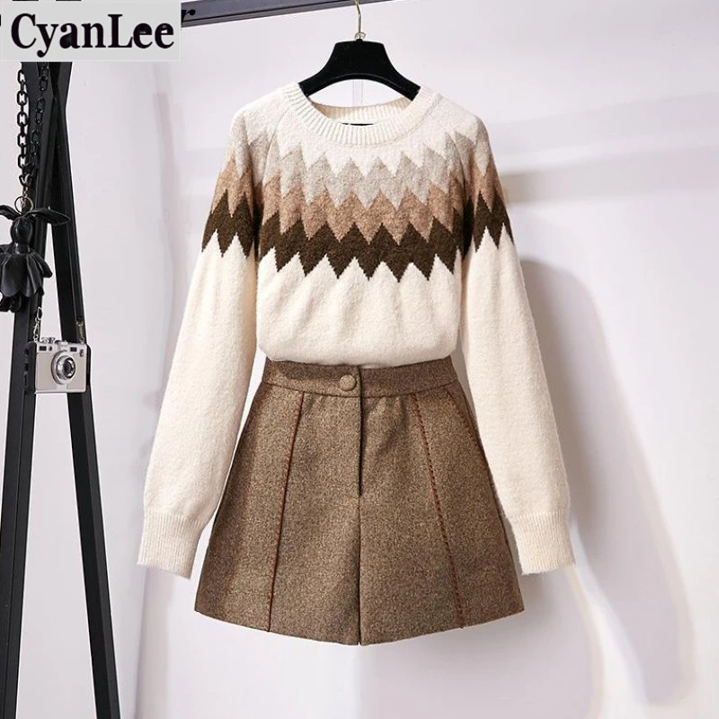 Autumn Winter 2020 New Women's Suits O-neck Ethnic Color-blocking Sweater Pullover Jumper Tops and Woolen Shorts Two piece Sets
Autumn Winter 2020 New Women's Suits O-neck Ethnic Color-blocking Sweater Pullover Jumper Tops and Woolen Shorts Two piece Sets