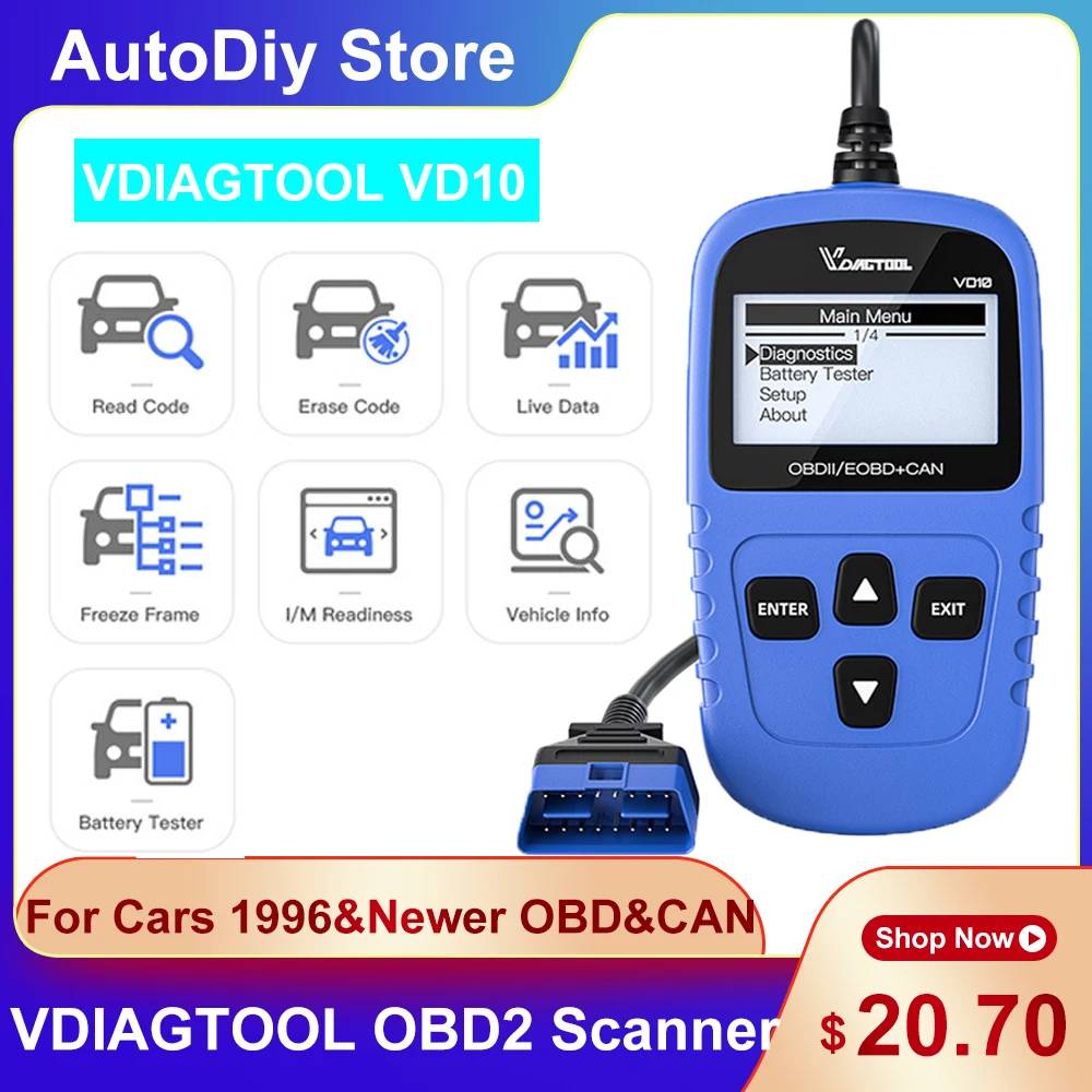VGDIAGTOOL VD10 OBD 2 EOBD Code Reader Car Scanner Support Vehicles 1996 & Newer OBD/CAN Test Battery Multilingual Menu Options
VGDIAGTOOL VD10 OBD 2 EOBD Code Reader Car Scanner Support Vehicles 1996 & Newer OBD/CAN Test Battery Multilingual Menu Options