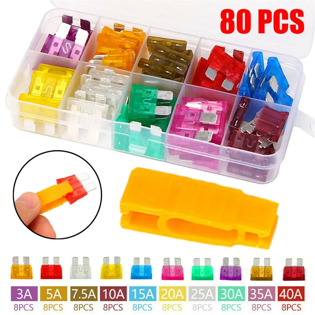 80pcs 12V Standard Blade Car Fuses High Quality Auto Medium Kit 3A~40A Assorted Set + 1pc Puller | Автомобили и мотоциклы