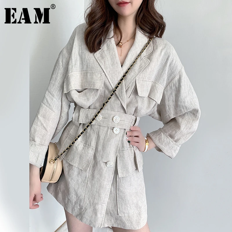 [EAM] Свободная льняная куртка большого размера с пуговицами и разрезом Новая