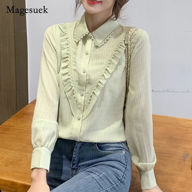 Autumn Chiffon Lace Splice Chic Blouse Elegant Long Sleeve Peter Pan Collar Fashion Bottoming Shirt Button Up Ruffled Tops 16919
Autumn Chiffon Lace Splice Chic Blouse Elegant Long Sleeve Peter Pan Collar Fashion Bottoming Shirt Button Up Ruffled Tops 16919