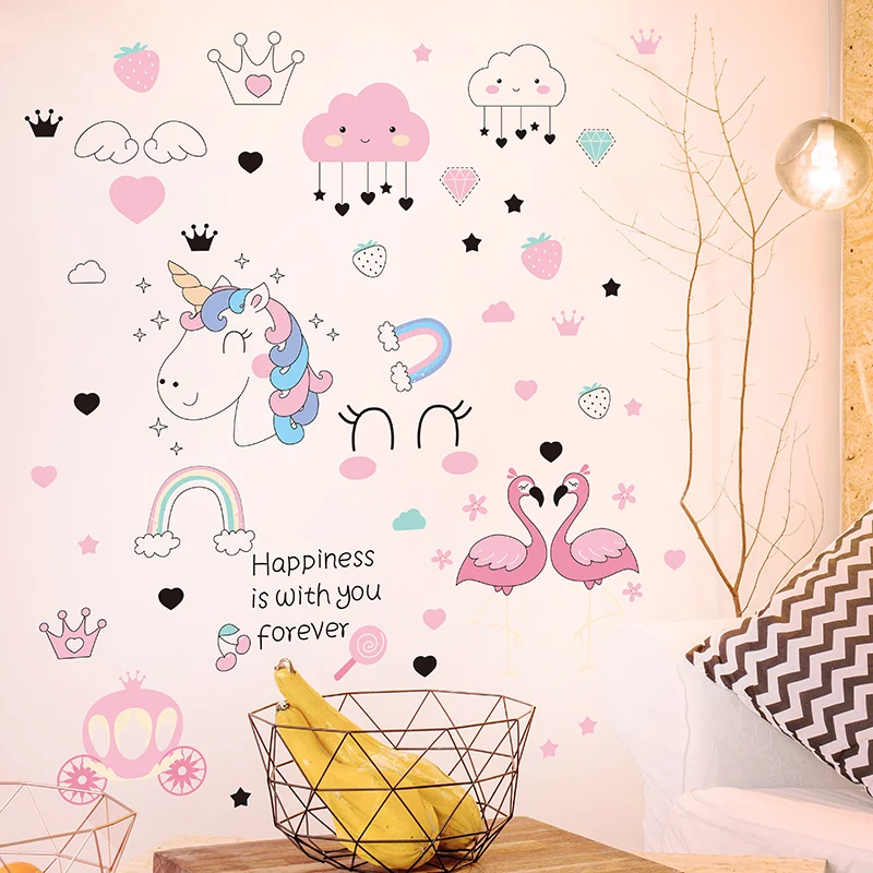 Мультяшные единороги Фламинго наклейки на стену DIY животные для детской комнаты