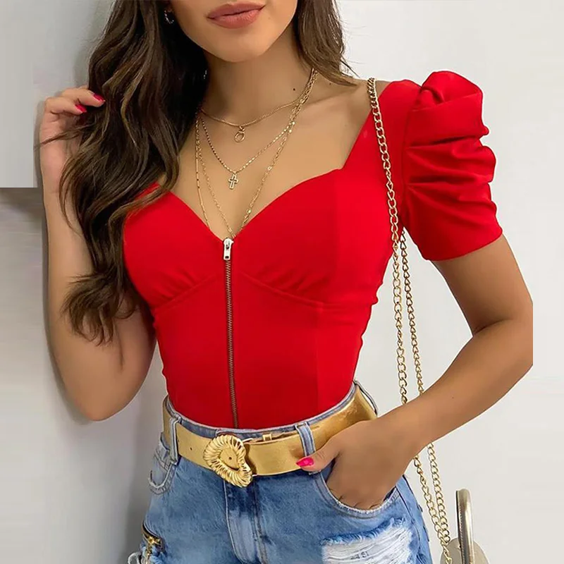 Office Lady Elegant Solid Sexy V-Neck Zipper Blouse Shirts 2021 Summer New Women Fashion Pleated Puff Short Sleeve Tops Pullover
Office Lady Elegant Solid Sexy V-Neck Zipper Blouse Shirts 2021 Summer New Women Fashion Pleated Puff Short Sleeve Tops Pullover