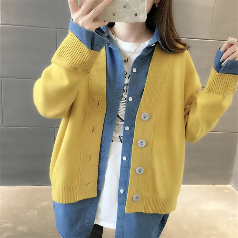 Spring Autumn Denim Splicing Sweater Cardigan Women Knit Jacket Coat Loose Long Sleeve Jeans Splicing Knitted Cardigans Female
Spring Autumn Denim Splicing Sweater Cardigan Women Knit Jacket Coat Loose Long Sleeve Jeans Splicing Knitted Cardigans Female