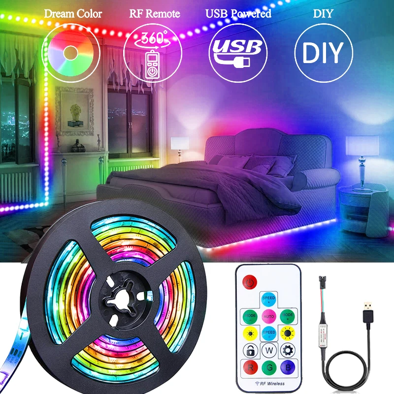 Dream Color LED Light for Room WS2812B 5V USB Remote Control 1/2/3/4/5m Flexible Tape Diode TV Backlight Wall Bedroom Home Decor
Dream Color LED Light for Room WS2812B 5V USB Remote Control 1/2/3/4/5m Flexible Tape Diode TV Backlight Wall Bedroom Home Decor