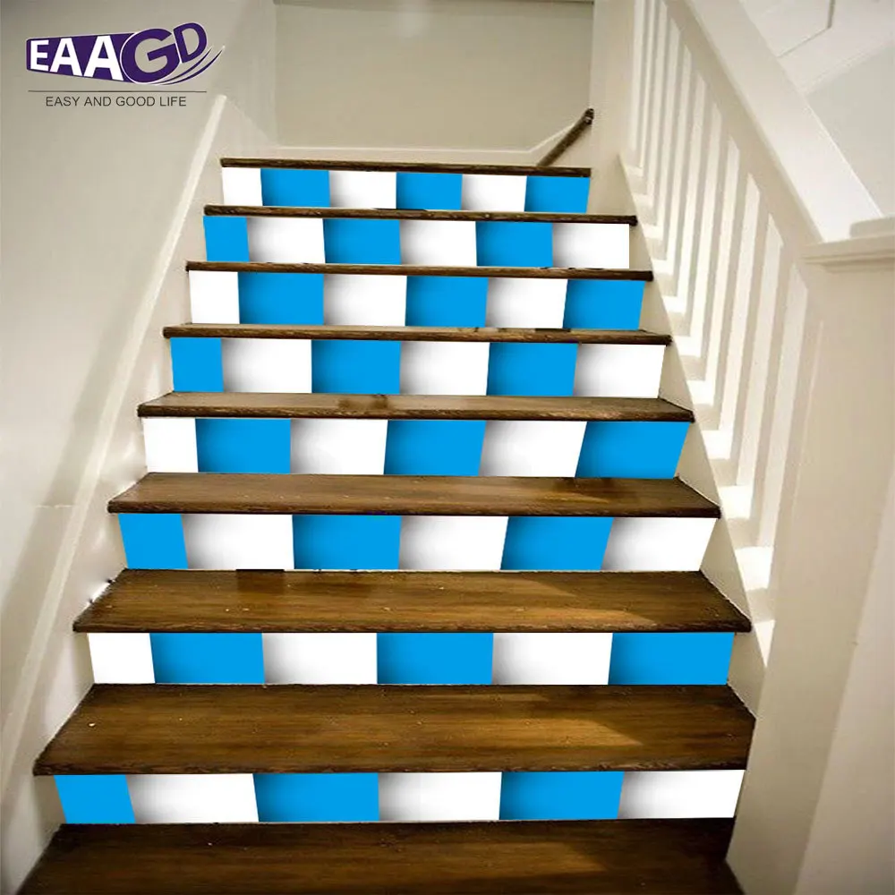 

6Pcs/Set Blue White Mosaic Tile Wall Stair Stickers Self Adhesive Waterproof PVC DIY Stairway Stickers Home Decoration