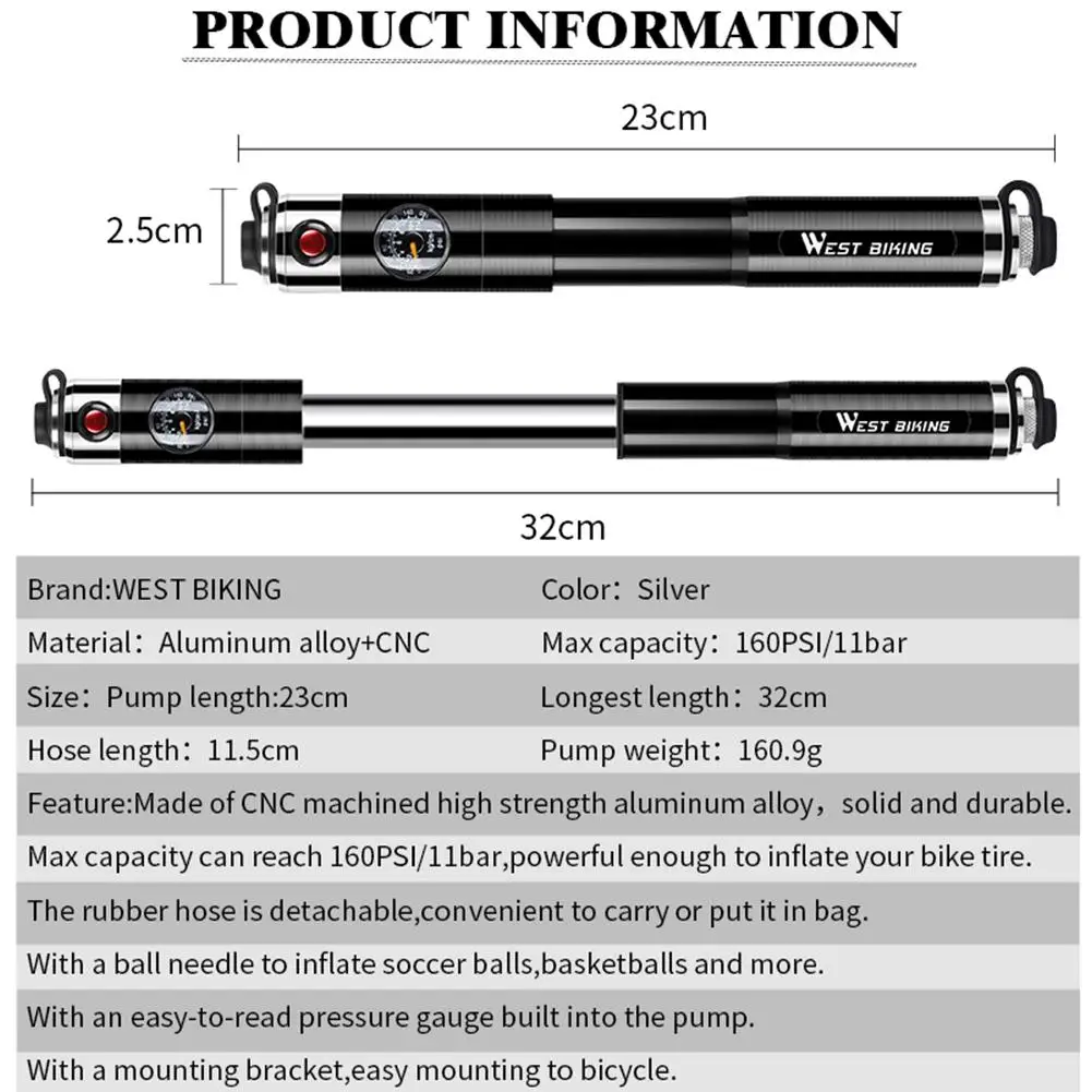 Aluminum Alloy Bicycle Pump 160PSI Portable Two-way Inflatable Accessories with Gas Pressure Gauge Cycling Equipment
Aluminum Alloy Bicycle Pump 160PSI Portable Two-way Inflatable Accessories with Gas Pressure Gauge Cycling Equipment