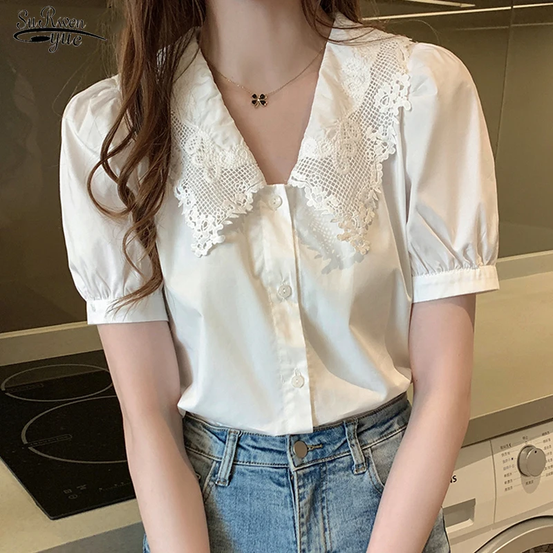 Chic Puff Short Sleeve White Blouses Korean Woman Shirt Embroidery Floral Casual Shirts Summer Turn-Down Collar Women Tops 13977 
Chic Puff Short Sleeve White Blouses Korean Woman Shirt Embroidery Floral Casual Shirts Summer Turn-Down Collar Women Tops 13977