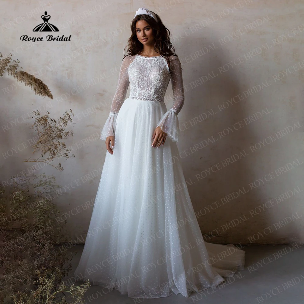 vestido longo Bohemian A-Line Wedding Dresses Scoop Neck Sheer Tulle Long Sleeves Beach Bridal Gowns Sweep Train Plus Size
vestido longo Bohemian A-Line Wedding Dresses Scoop Neck Sheer Tulle Long Sleeves Beach Bridal Gowns Sweep Train Plus Size