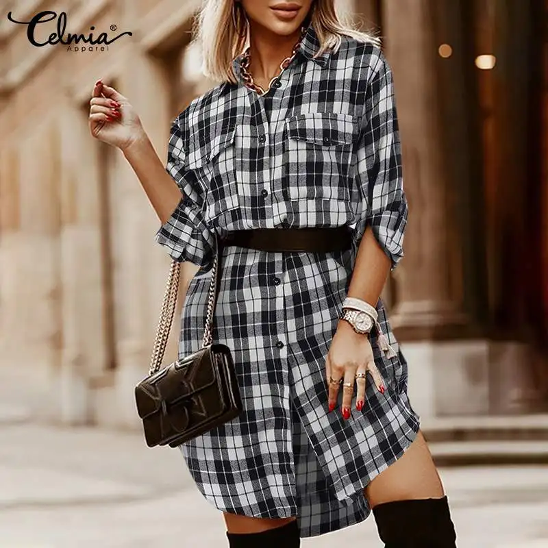 Celmia Casual Loose Lapel Mini Vestidos Women Irregular Pockets Elegant Short Robes Buttons Plaid Long Sleeve Autumn Shirt Dress
Celmia Casual Loose Lapel Mini Vestidos Women Irregular Pockets Elegant Short Robes Buttons Plaid Long Sleeve Autumn Shirt Dress