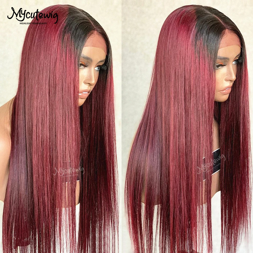 

360 HD Glueless Frontal Straight 13x4 Lace Front Human Hair Wig For Women Brazilian Remy Ombre 1B 99J Red Burgundy Pre Plucked