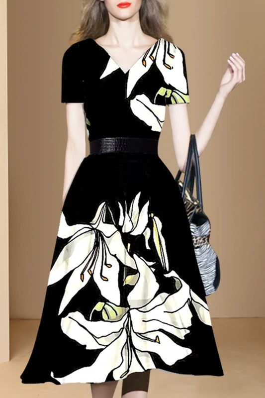 French Fashion Printed Dress for Women 2021 Summer Short Sleeve V-neck High Waist Slim Fit A- Line Dress Temperament Midi Dress
French Fashion Printed Dress for Women 2021 Summer Short Sleeve V-neck High Waist Slim Fit A- Line Dress Temperament Midi Dress