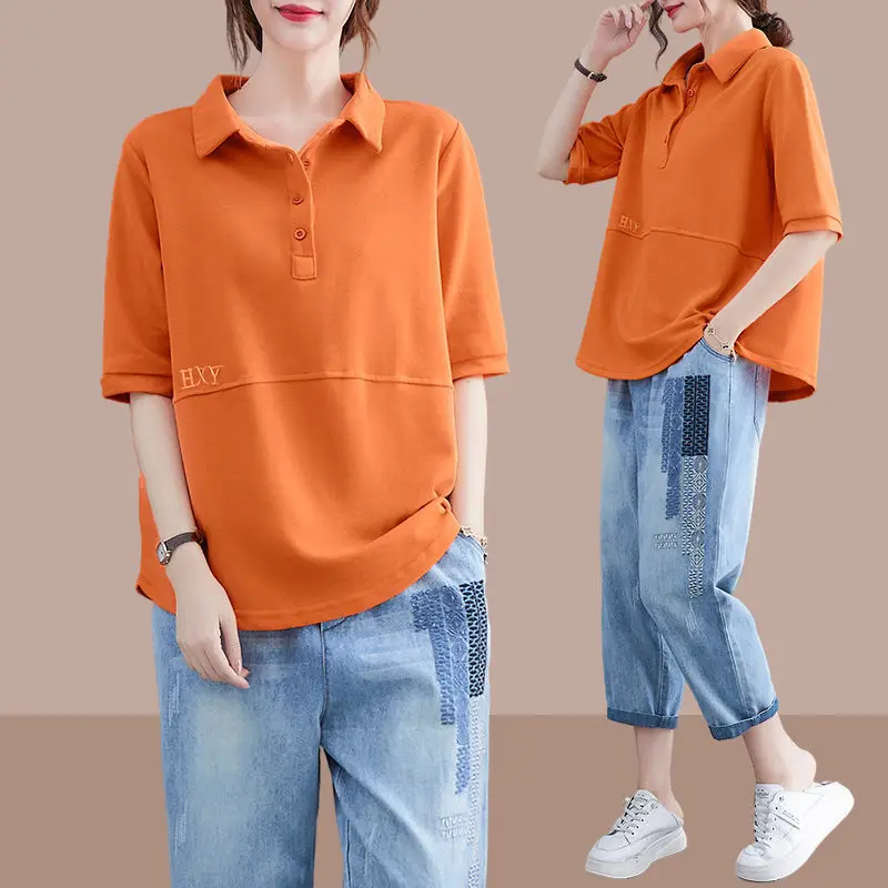 Suit Short-sleeved T-shirt Women 2021 Fashion Western Style Lapel Loose All-match Blouse Jeans Two-piece Woman
Suit Short-sleeved T-shirt Women 2021 Fashion Western Style Lapel Loose All-match Blouse Jeans Two-piece Woman