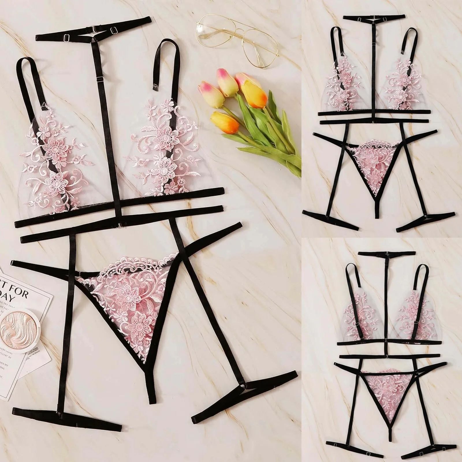 Erotic Lingerie Set Bra Sexy V-Neck Embroidery Transparent Floral Lace Sleevless + Hang One's Neck Thong Underwear for women
Erotic Lingerie Set Bra Sexy V-Neck Embroidery Transparent Floral Lace Sleevless + Hang One's Neck Thong Underwear for women