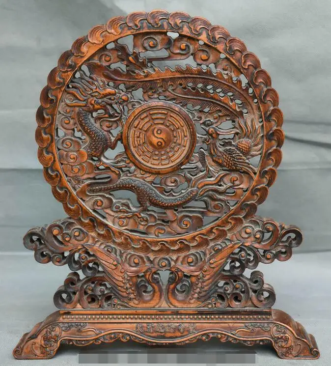 14" Old China Dynasty Palace Huanghuali Wood Carved Dragon Phoenix Screen Statue
14" Old China Dynasty Palace Huanghuali Wood Carved Dragon Phoenix Screen Statue