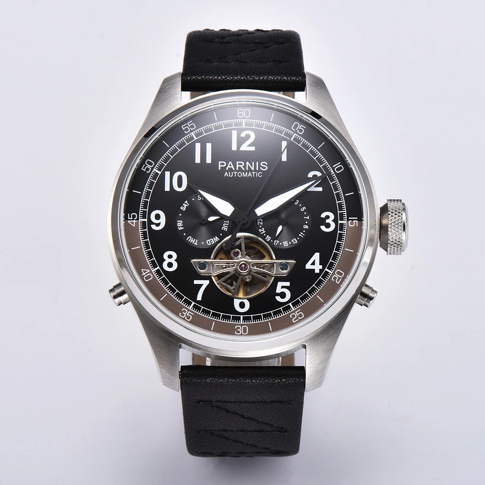 

New Arrival Parnis 48mm Men Watch Automatic Mechanical Black Strap Calendar Week Display Skeleton Tourbillon Mens Watches 2020