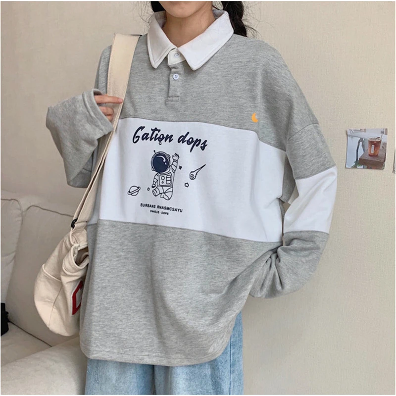 Women Vintage Polo Collar Hoodies Autumn Casual Letter Print Long Sleeve Pullover Tops Female Loose Buttons Patchwork Sweatshirt
Women Vintage Polo Collar Hoodies Autumn Casual Letter Print Long Sleeve Pullover Tops Female Loose Buttons Patchwork Sweatshirt