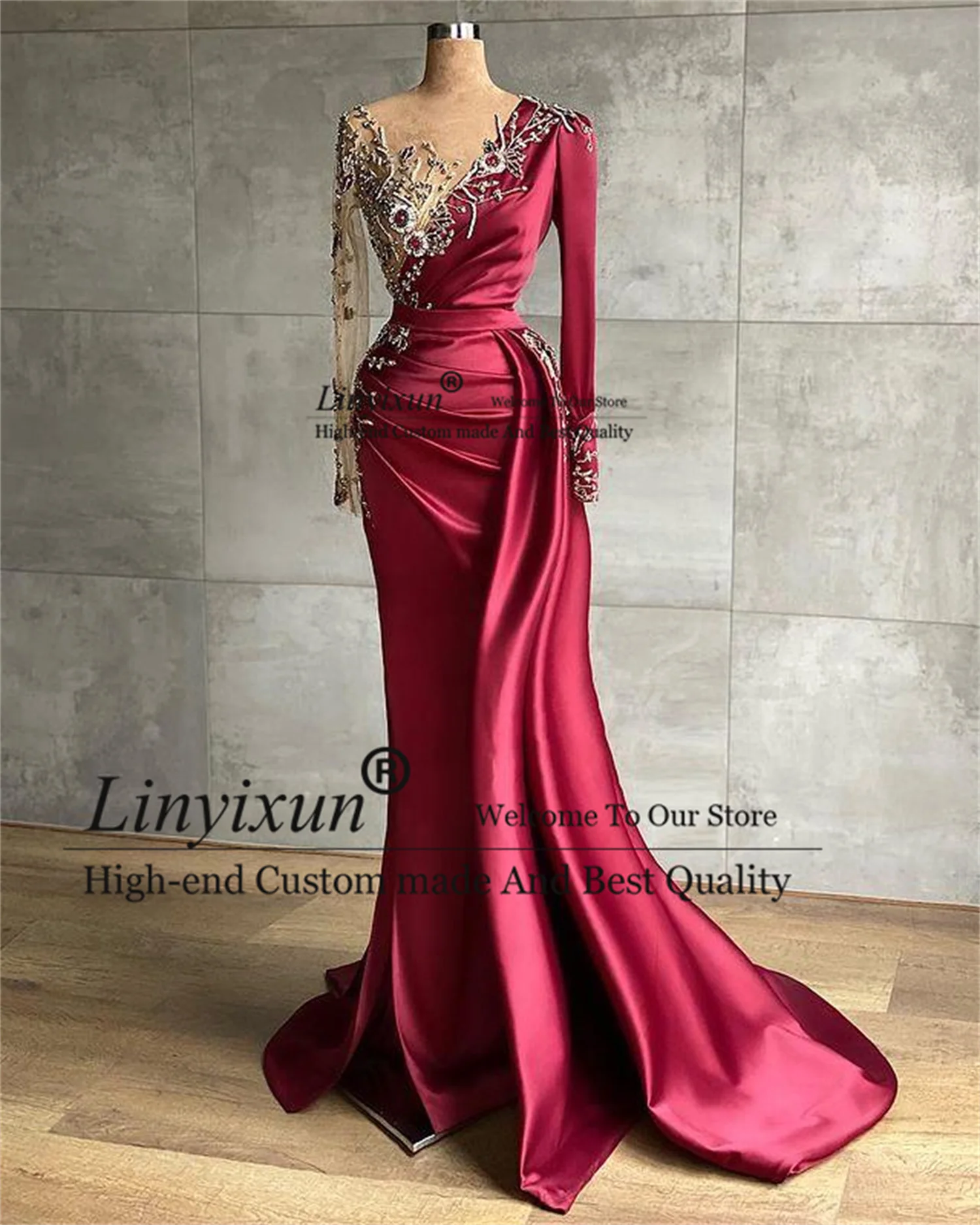 

Arabic Burgundy Luxurious Mermaid Evening Dresses Beaded Crystals Sheer Neck Prom Dress Full Sleeves Court Train Robes de soirée
