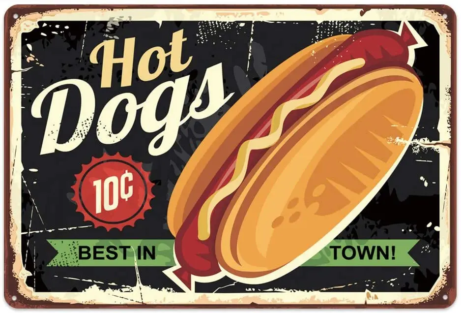 Retro Design Hot Dogs Tin Metal Signs Wall Art|Thick Tinplate Print Poster Wall Decoration for Kitchen/Restaurant
Retro Design Hot Dogs Tin Metal Signs Wall Art|Thick Tinplate Print Poster Wall Decoration for Kitchen/Restaurant