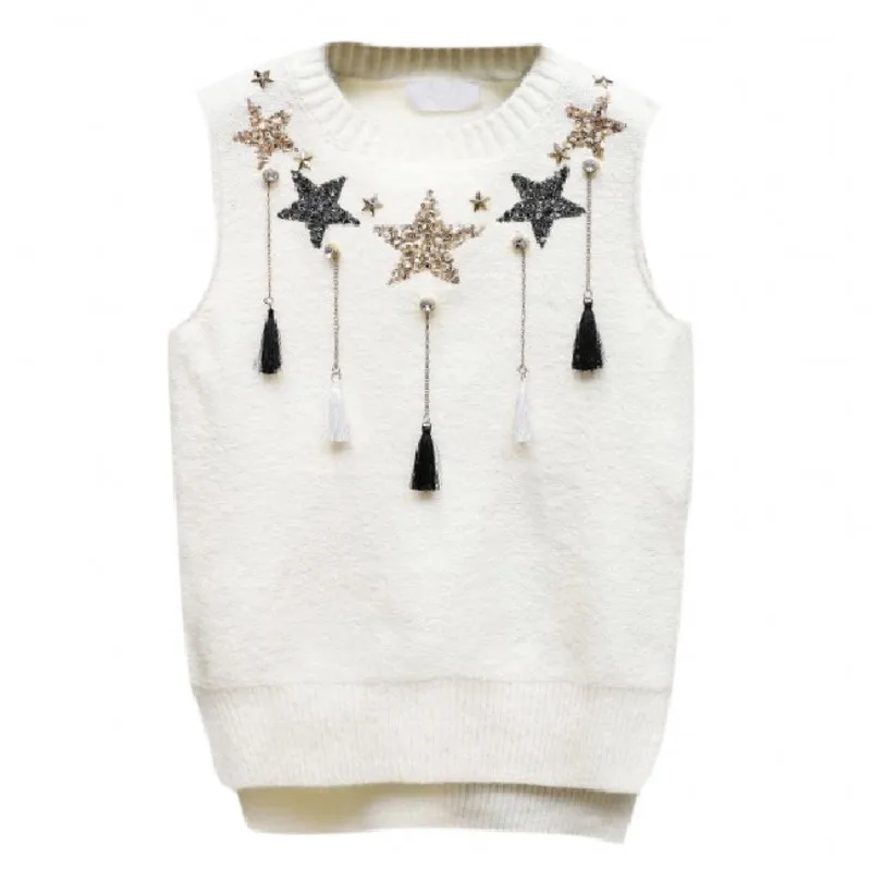 Vest Sweater 2021 Spring New Korean Style Diamond Studded Tassel Round Neck Sleeveless Knitted Waistcoat All-Match Top
Vest Sweater 2021 Spring New Korean Style Diamond Studded Tassel Round Neck Sleeveless Knitted Waistcoat All-Match Top
