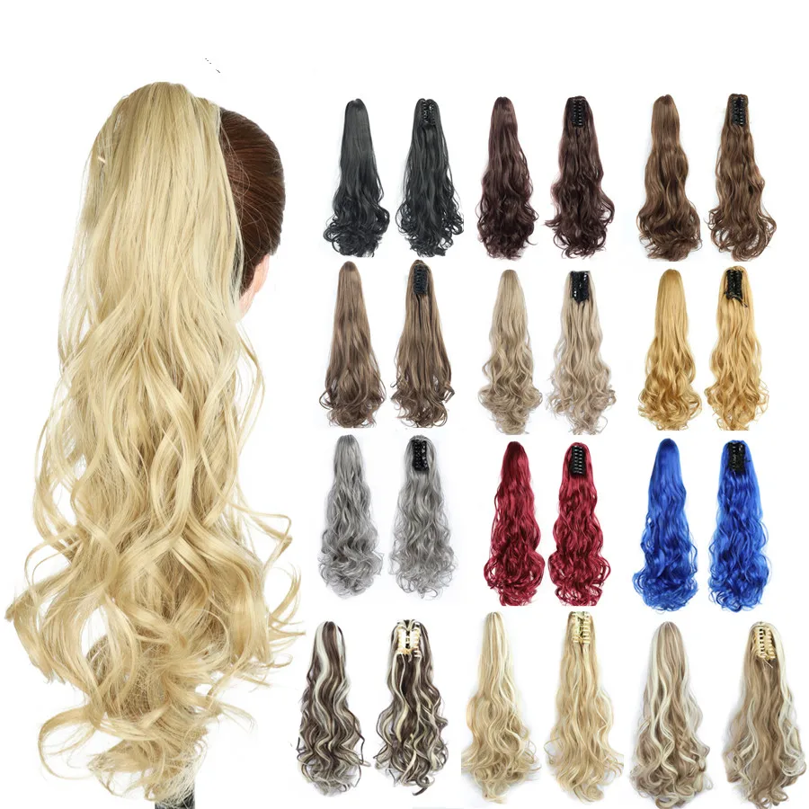 

Ponytail Extensions Claw Clip Drawstring False Pigtail 22 inch Synthetic Curly Wavy False Tail Hairpiece Pony Attached