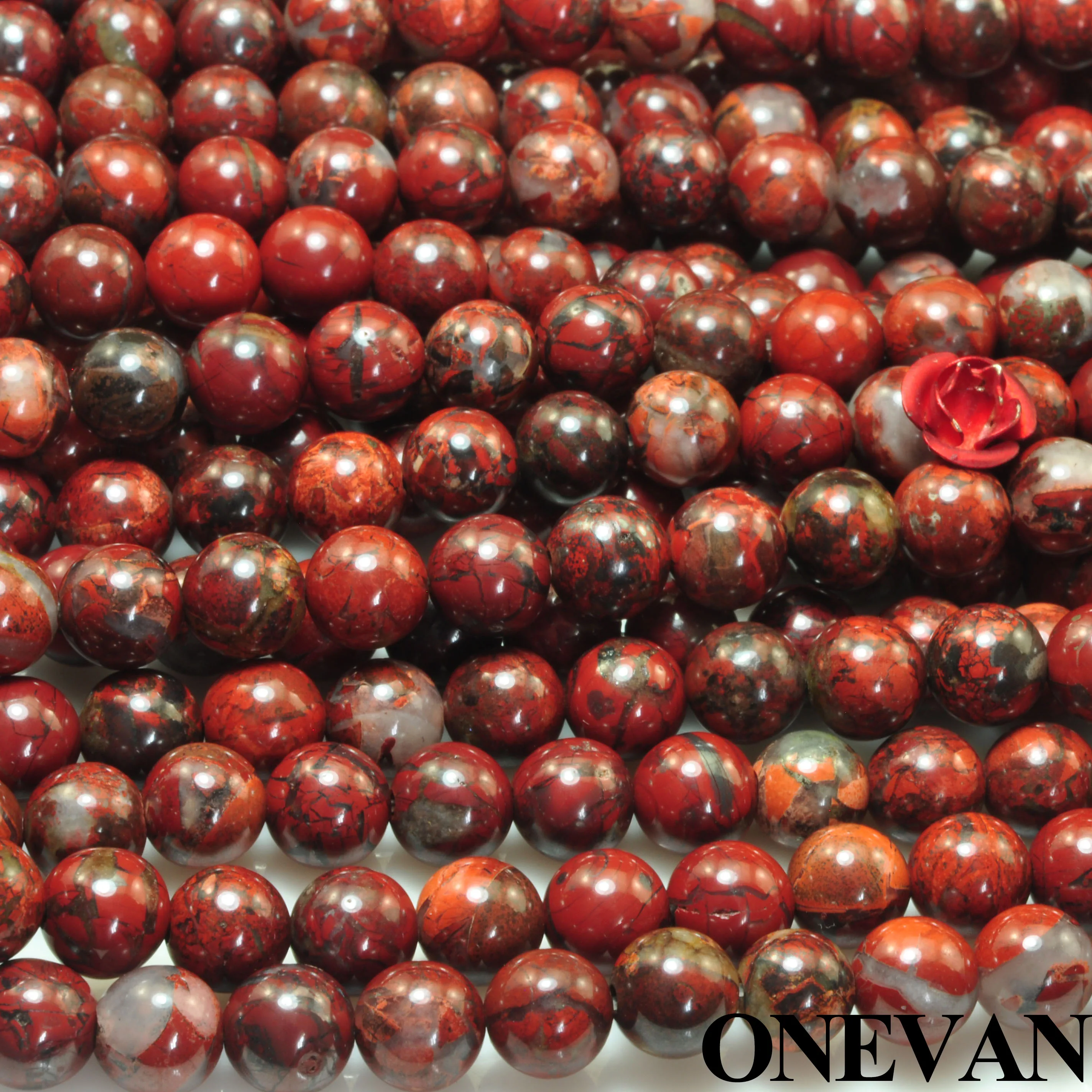Фото Гладкие бусины из яшмы ONEVAN круглые с красным пламенем россыпью 6 - купить