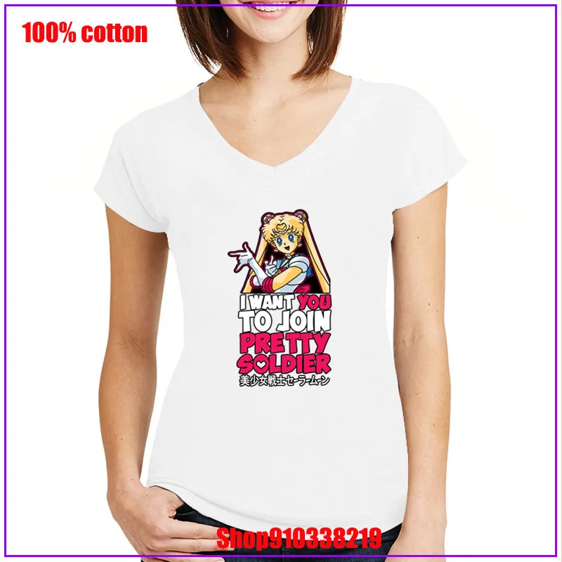 Join Pretty Soldier Sailor Moon Fanart propaganda white New Arrival White Slim Couple T-Shirt Symbol Tees V neck t shirt women | Женская