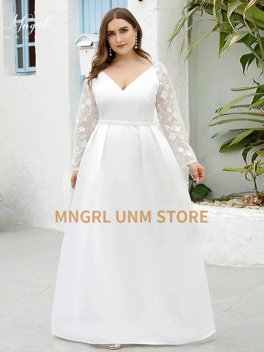 MNGRL Simple White Wedding Dress Floor-Length Satin 3D Flower V-neck Long Sleeve Plus Size Bridal Dresses 2021
MNGRL Simple White Wedding Dress Floor-Length Satin 3D Flower V-neck Long Sleeve Plus Size Bridal Dresses 2021