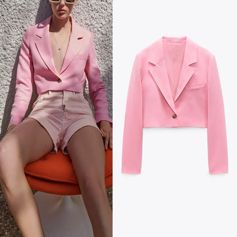 2021 Pink Cropped Blazer Woman Shoulder Pads Long Sleeve Office Lady Blazers Coat Women Fashion Single Button Ourerwear Top
2021 Pink Cropped Blazer Woman Shoulder Pads Long Sleeve Office Lady Blazers Coat Women Fashion Single Button Ourerwear Top
