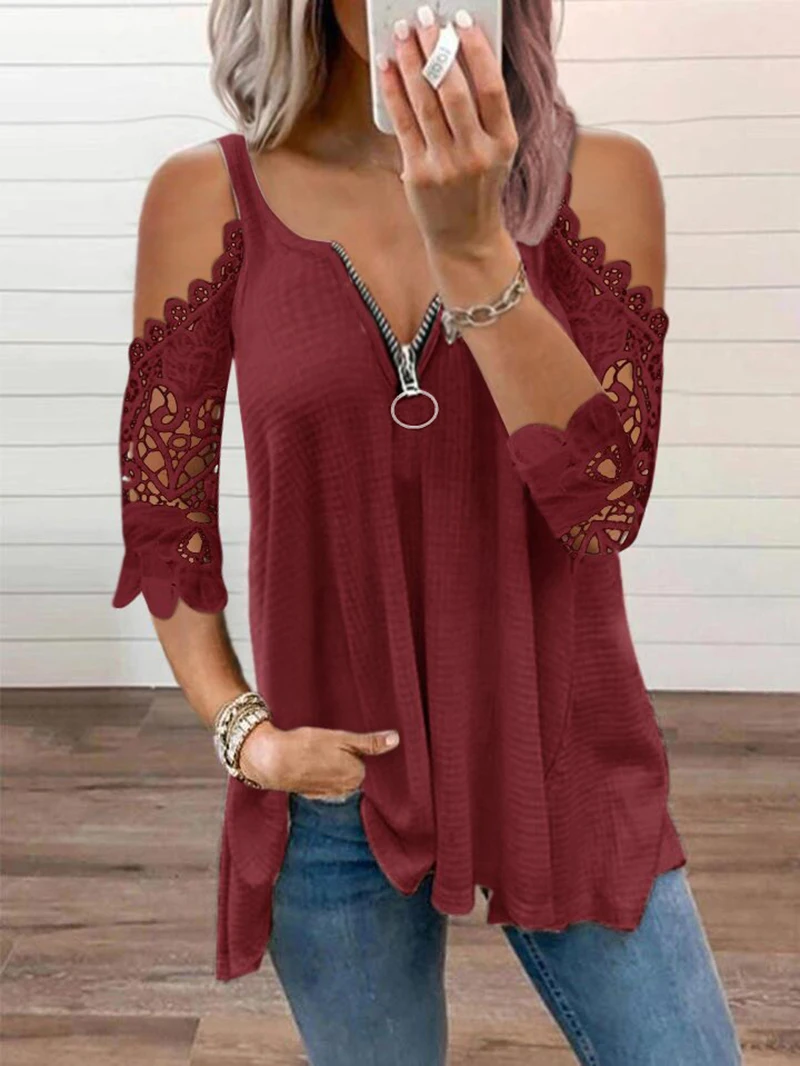 Summer New Sexy T-shirt Women Sling Hollow Lace Sleeves Knitted V-neck Zipper Short Sleeve Tops Plus Size Casual Loose Shirts
Summer New Sexy T-shirt Women Sling Hollow Lace Sleeves Knitted V-neck Zipper Short Sleeve Tops Plus Size Casual Loose Shirts