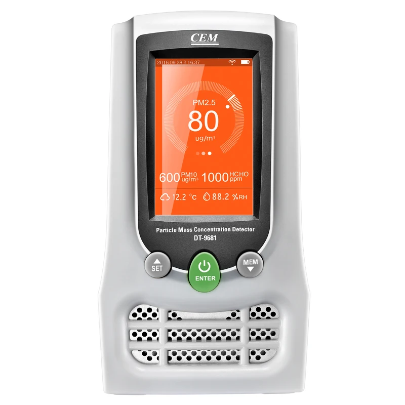 CEM DT-9681 Air Quality Detector Particle Mass Concentration Monitors Formaldehyde(HCHO)PM2.5/PM10 CO2 Humidity Temperature
CEM DT-9681 Air Quality Detector Particle Mass Concentration Monitors Formaldehyde(HCHO)PM2.5/PM10 CO2 Humidity Temperature