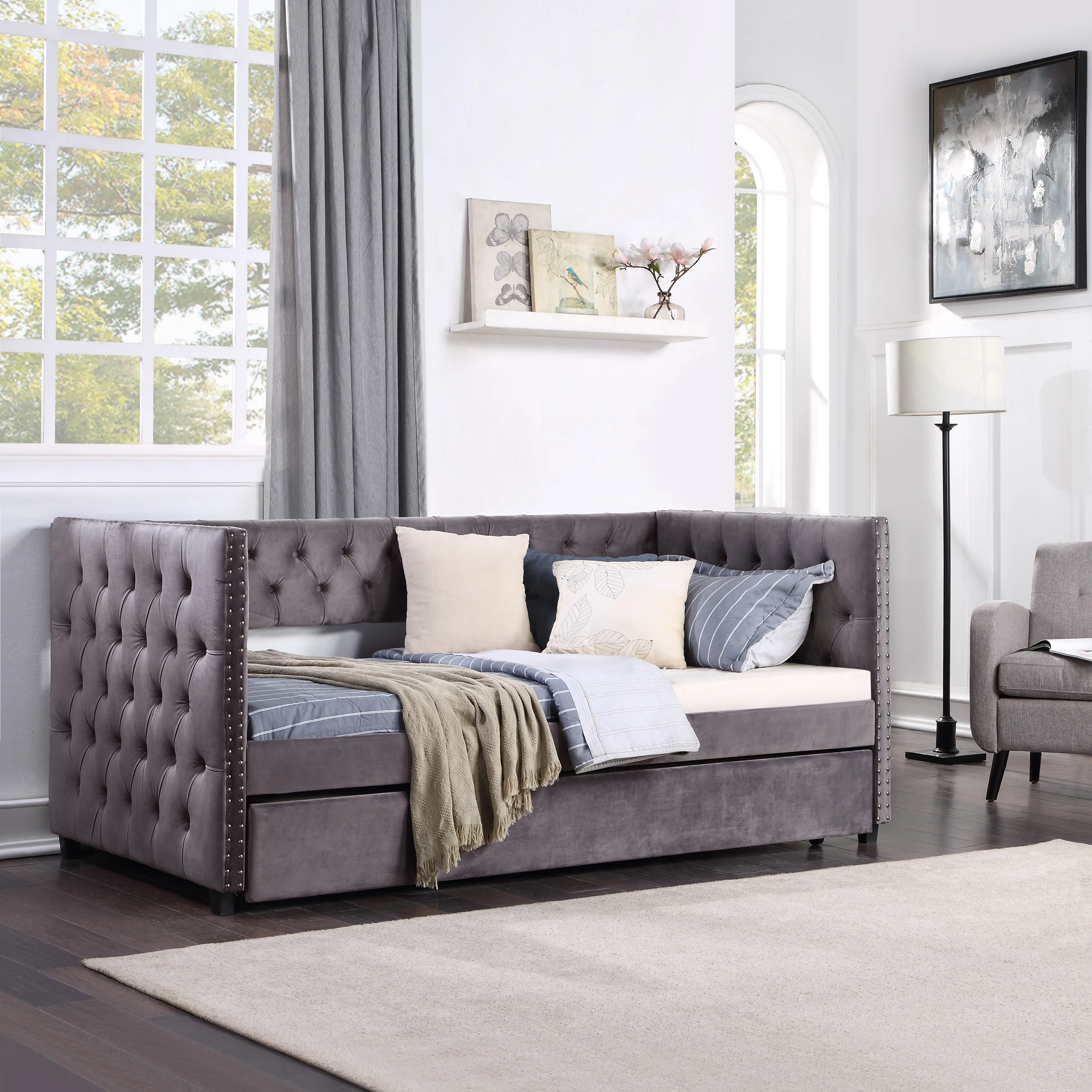 Twin Daybed with Trundle, Upholstered Tufted Sofa Bed with Nailhead Trim, Grey
Twin Daybed with Trundle, Upholstered Tufted Sofa Bed with Nailhead Trim, Grey