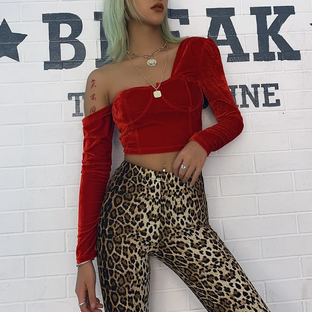 Velvet One-Shoulder Sexy Long Sleeve Crop Tops Women Streetwear Party Club T-Shirts Asymmetrical Slim Fit Red Tees | Женская одежда