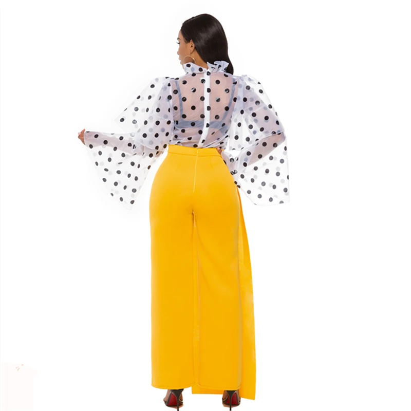 Комплект из 2 предметов женская блузка в горошек прозрачные оборки широкие штаны