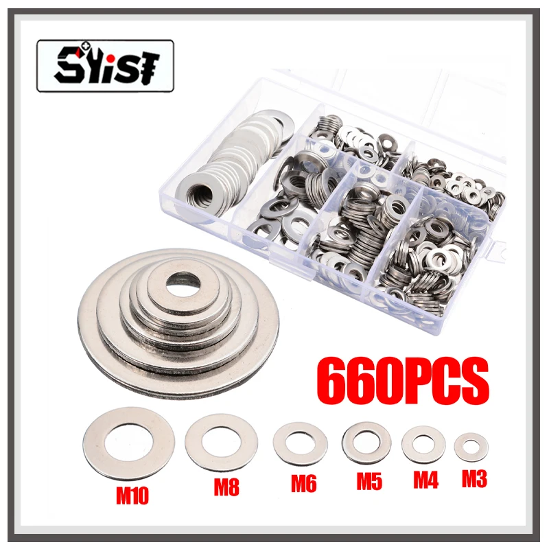 660 Pieces M3 M4 M5 M6 M8 M10 Stainless Steel Washers Assortment Set Flat Washer Metal Gasket Kit
660 Pieces M3 M4 M5 M6 M8 M10 Stainless Steel Washers Assortment Set Flat Washer Metal Gasket Kit