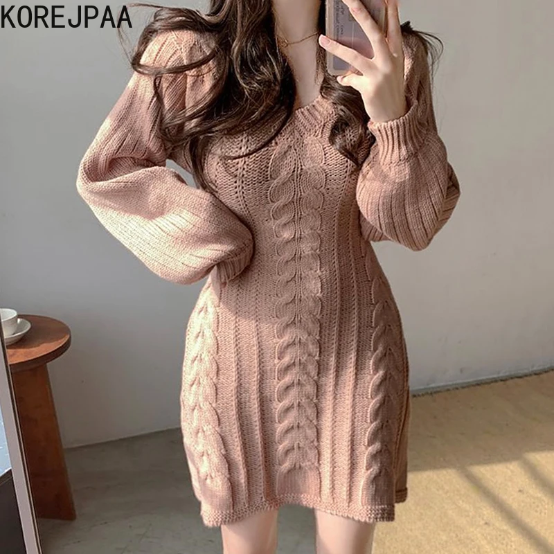 Korejpaa Solid Elegant Dress Women Korea V-neck Long Sleeve High Waist Slimming Knitted Mini Dresses Outwear Autumn New
Korejpaa Solid Elegant Dress Women Korea V-neck Long Sleeve High Waist Slimming Knitted Mini Dresses Outwear Autumn New
