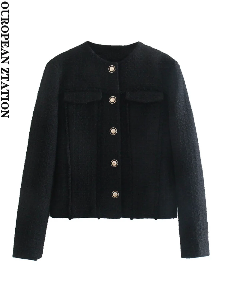 Women 2021 za fashion with gold button cropped tweed blazer coat vintage long sleeve frayed trims female outerwear chic tops
Women 2021 za fashion with gold button cropped tweed blazer coat vintage long sleeve frayed trims female outerwear chic tops