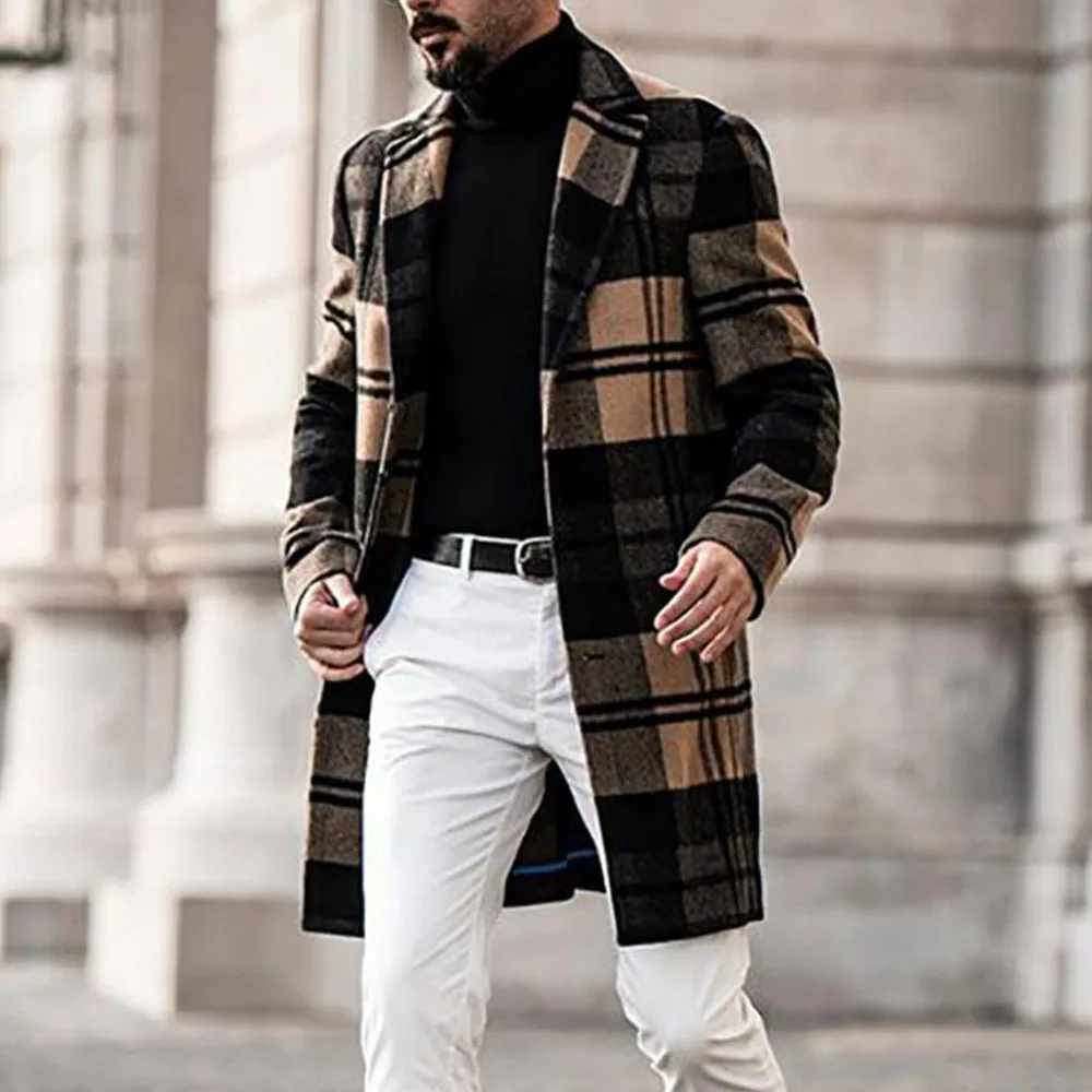 

Осеннее мужское новое шерстяное пальто, повседневный модный трендовый стиль ретро, с длинными рукавами, клетчатый принт, воротник костюма, ...