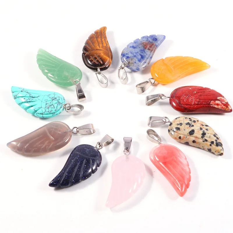 

Natural Crystal Opal Rose Quartz Tiger's Eye Stone 30*15mm Angel Wings Pendants Charms For Diy Earrings Necklace Jewelry Making