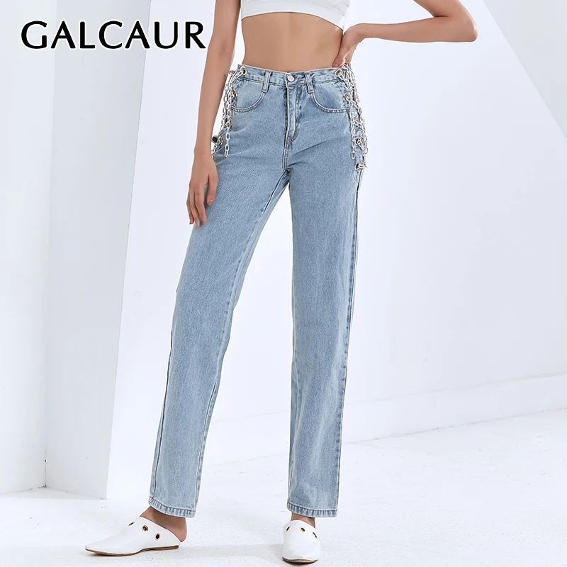 

Джинсы GALCAUR женские с вырезами, прямые широкие брюки с завышенной талией, с карманами, в стиле пэчворк, с цепочкой, большие размеры, осень 2021