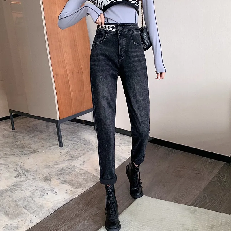 

2021 New Arrival Winter Women Thicken Warmth Cotton Denim Ankle-length Pants Button Fly Waist Casual Loose Harem Pants Jeans V10