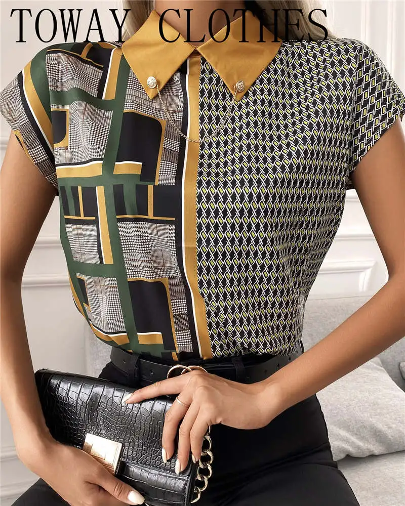 Women Summer Turn-down Collar Houndstooth Print Colorblock Short Sleeve Top Blouses and Shirts
Women Summer Turn-down Collar Houndstooth Print Colorblock Short Sleeve Top Blouses and Shirts