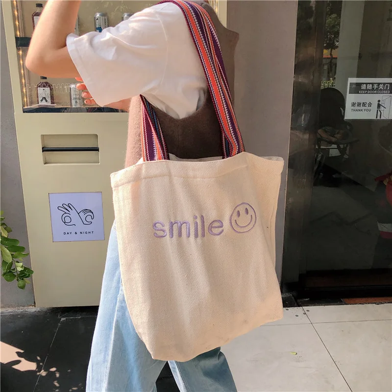 Большая Холщовая Сумка тоут для женщин сумка покупок с принтом улыбки и букв