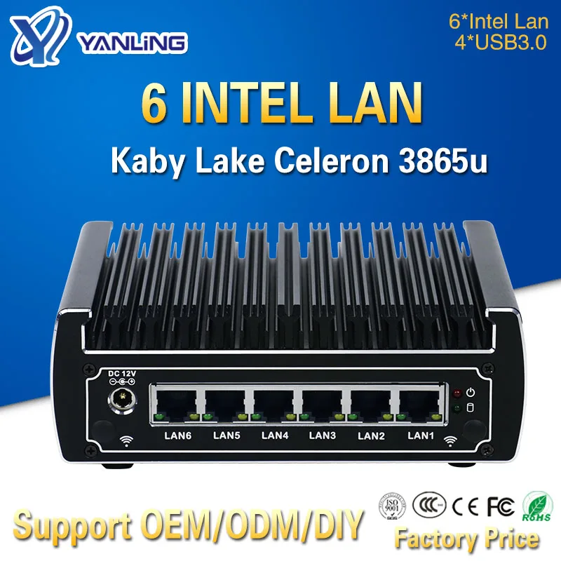 

Yanling In stock Intel Celeron 3865u Pfsense Mini PC Dual Core 6 Lan Port Advanced Fanless Linux Firewall Router Support AES-NI