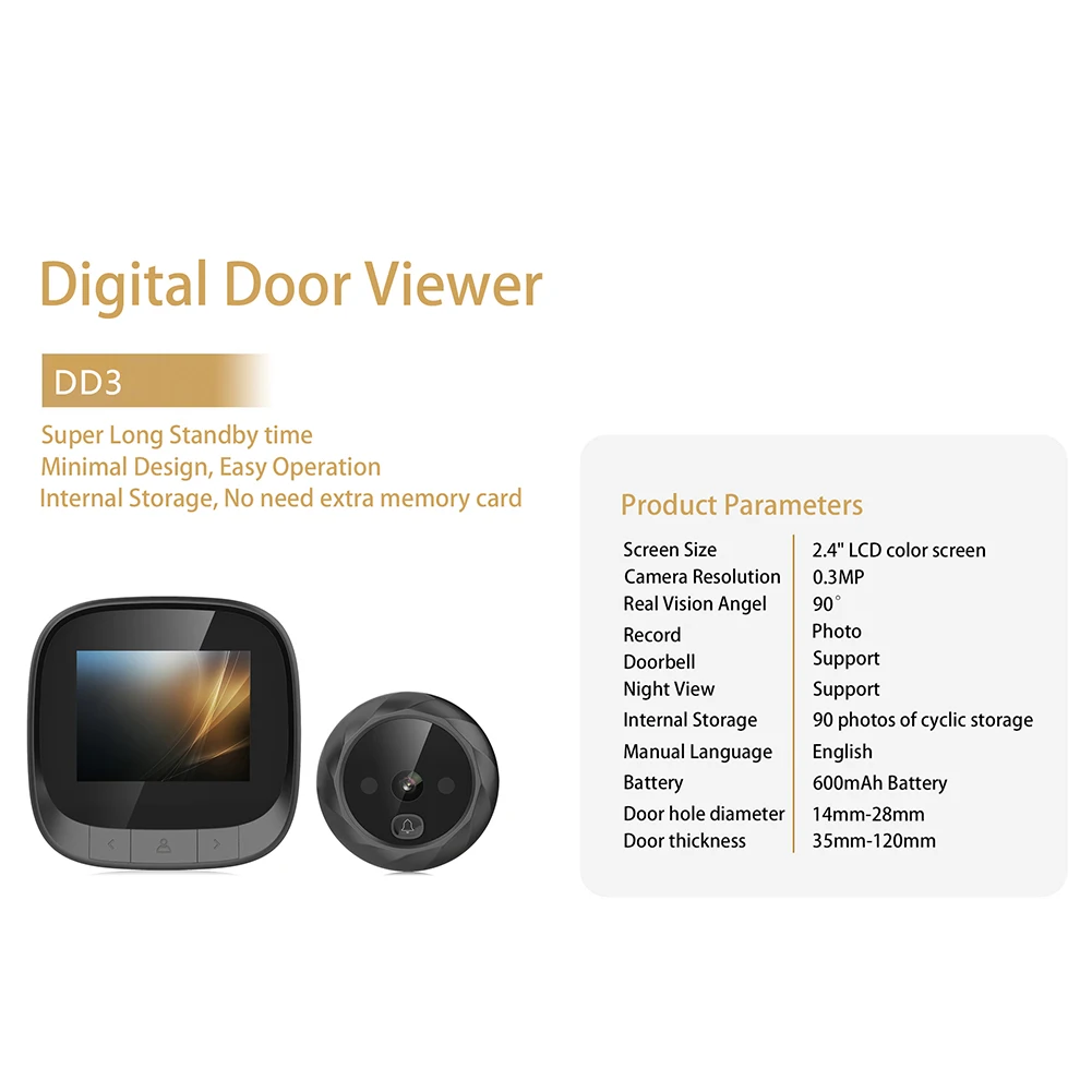 2.4 Inch Digital Doorbell LCD 90 Degree Eye Electronic Peephole Doorbell Infrared Camera Door Viewer DJA88
2.4 Inch Digital Doorbell LCD 90 Degree Eye Electronic Peephole Doorbell Infrared Camera Door Viewer DJA88