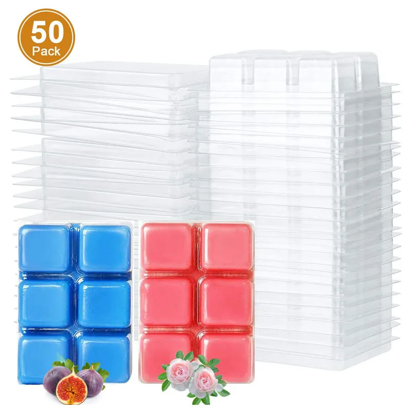 

50PCS Wax Melt Clamshells Molds Square 6 Cavity Clear Plastic Cube Tray for Candle and Soap Making Clamshell Packaging Wax