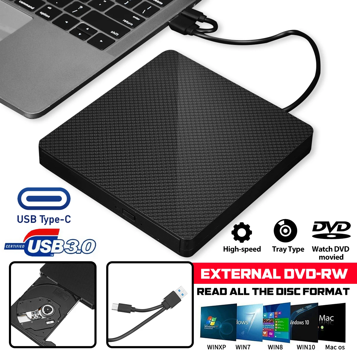 USB 3 0 + Type-c Внешний DVD RW CD Писатель Привод горелки ридер плеер оптические диски для